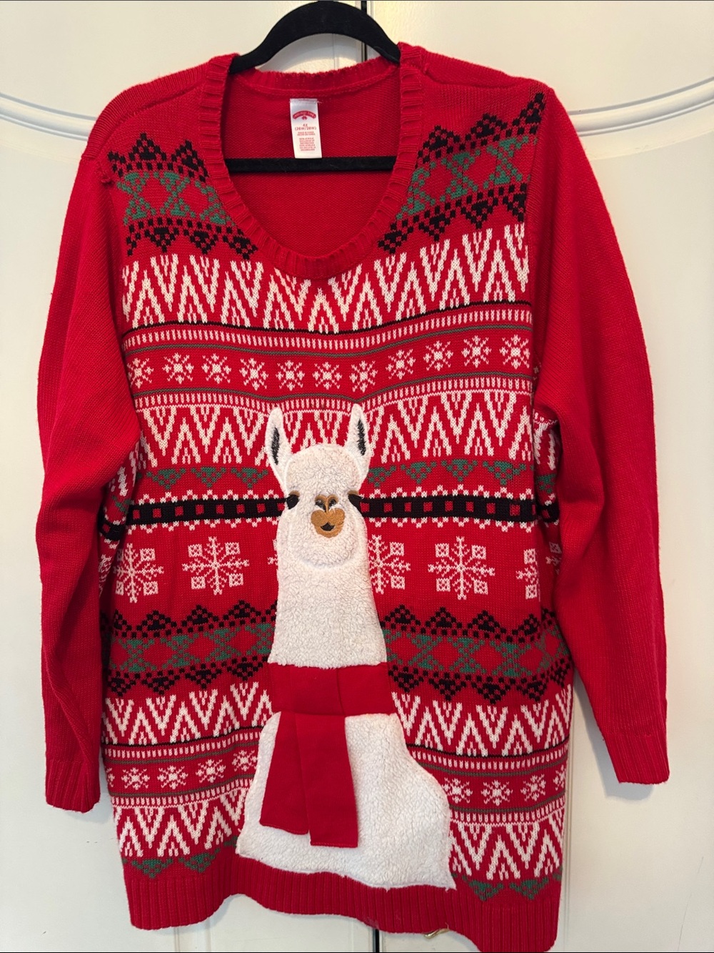 Holiday Time Red Llama V-Neck Holiday Sweater with White Llama and Green Accents